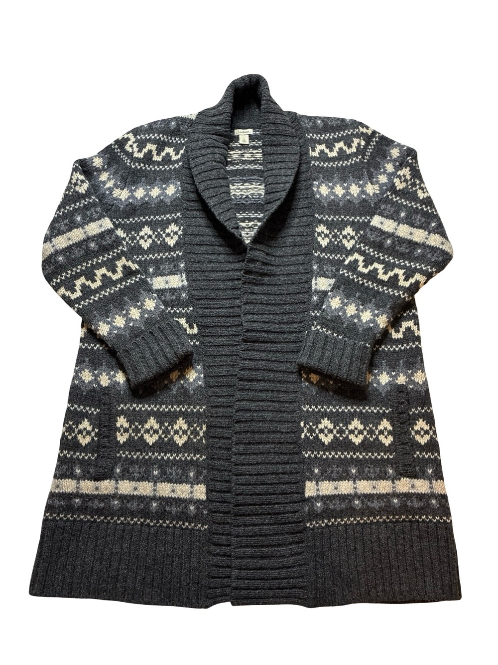 L.L. Bean 100% Lamb's Wool Cardigan Fair Isle Gray Long Women’s Large 0675 - Picture 2 of 8